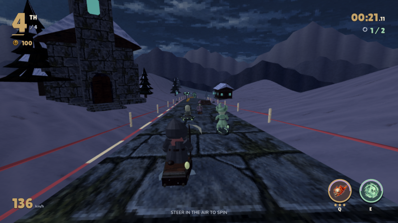 In-game Black Pine race: a coffin rider descends a snowy mountain road past a stone tower.